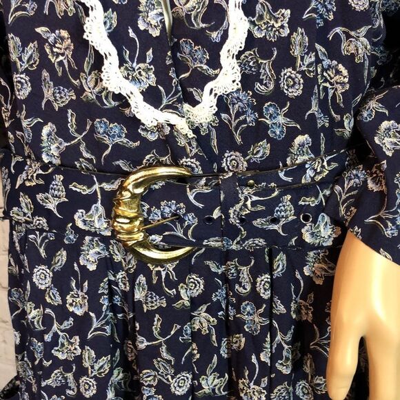 Vintage SL Fashions Blue Floral Belted Dress 1980s Size 18 Fits Much Smaller - Picture 4 of 10